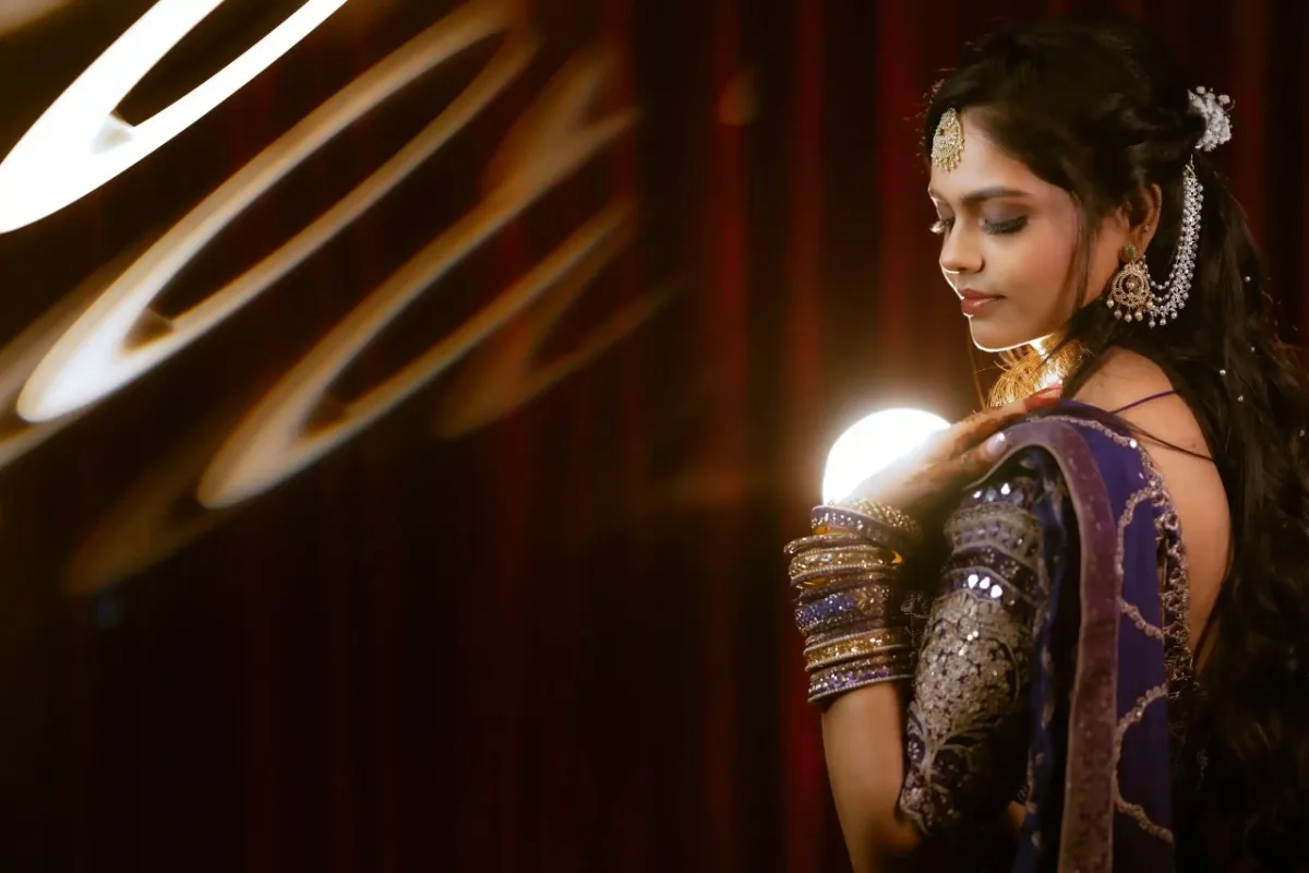 Traditional Indian bride portrait at engagement ceremony