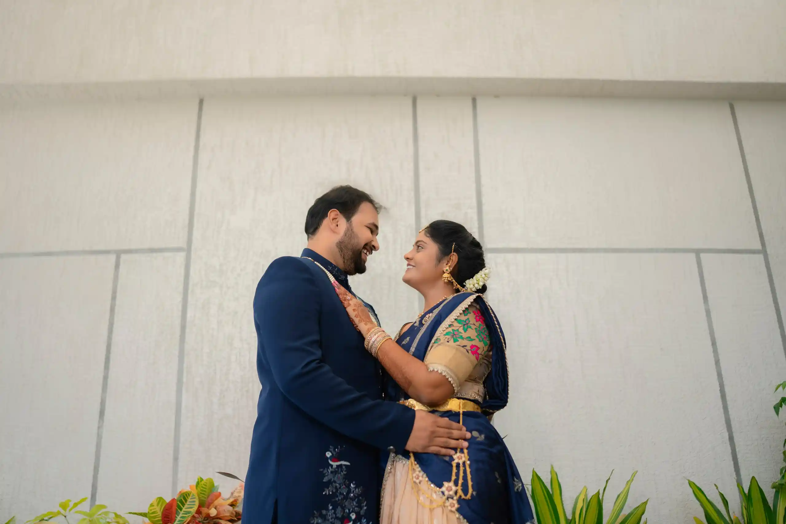 Couple smiling together during engagement photography